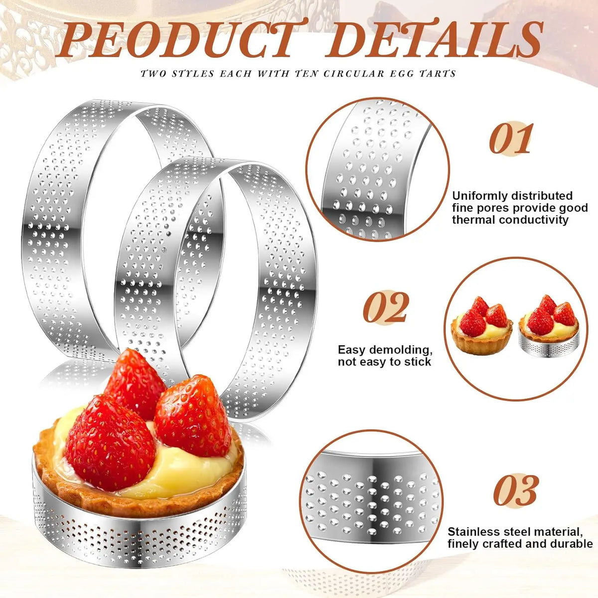 10PCS Perforated Tart Rings Round Stainless Steel Mousse Cake Ring Mold for Baking Pastry French Dessert Mousse Home Baking Tool