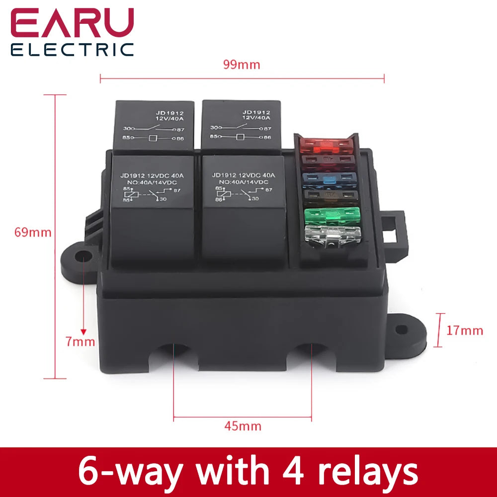 Earu automotive fuse box with relay block assembly, 3-15 way circuit protection (style options)