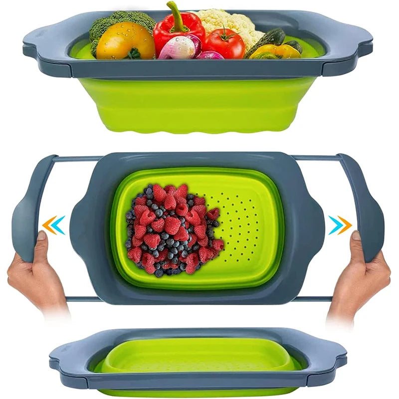 LMETJMA Collapsible Over-the-Sink Colander Strainer with Extendable Handles, Red/Green