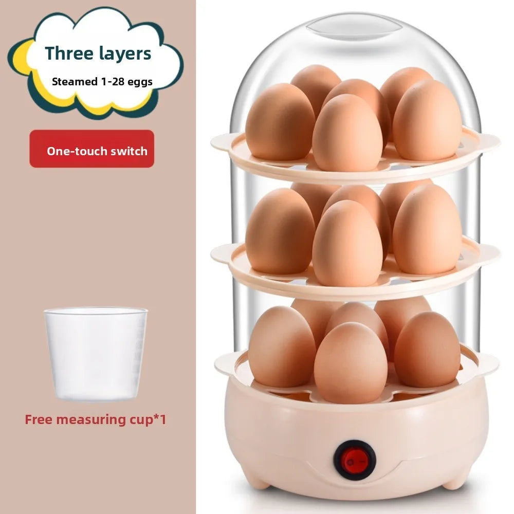 Automatic Power Off Egg Boiler Mini Multi-layer Breakfast Machine with Measuring Cup Egg Poacher for Home Dormitory