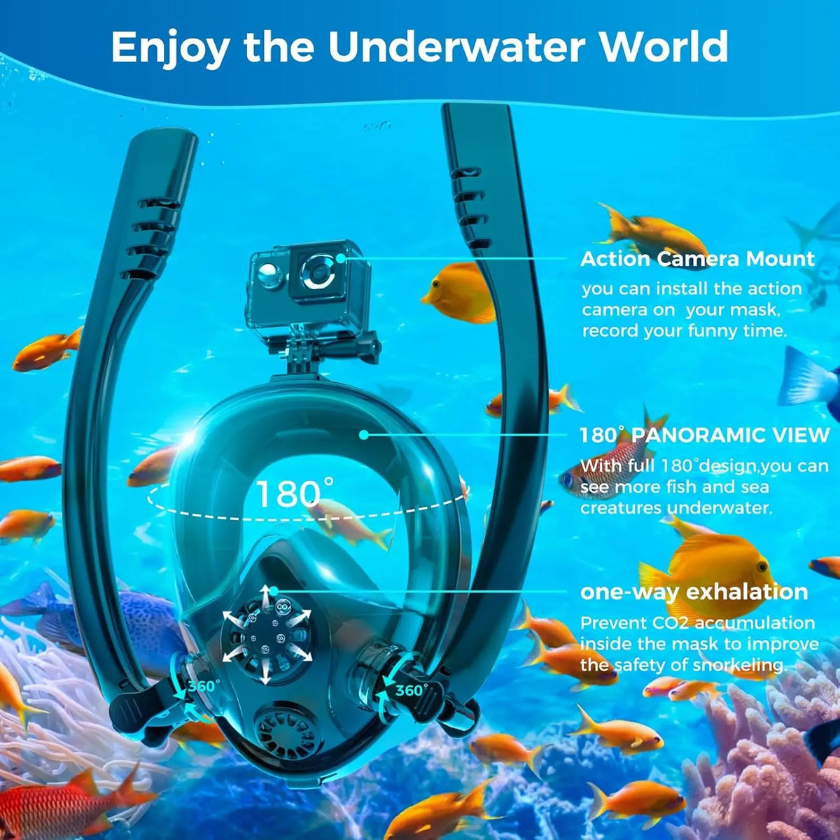 Adults Full Face Snorkel Mask Double Breathing Tube 180° Wide-Eye Panoramic Vision Advanced Anti-Fog Swim Leak-Proof Adventures