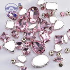 Mixed Shape Glass Rhinestones Pink Flatback Sew-On Claw Settings Craft Gems, 50pcs
