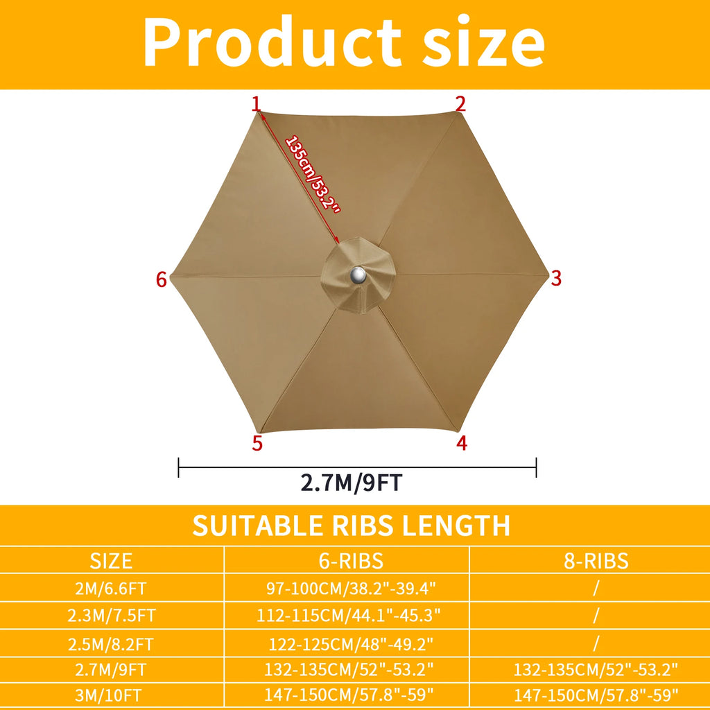 6/8 Rib Polyester Parasol Replacement Cloth Outdoor Patio Umbrella Surface Rainproof Anti-UV Sunshade Garden Canopy