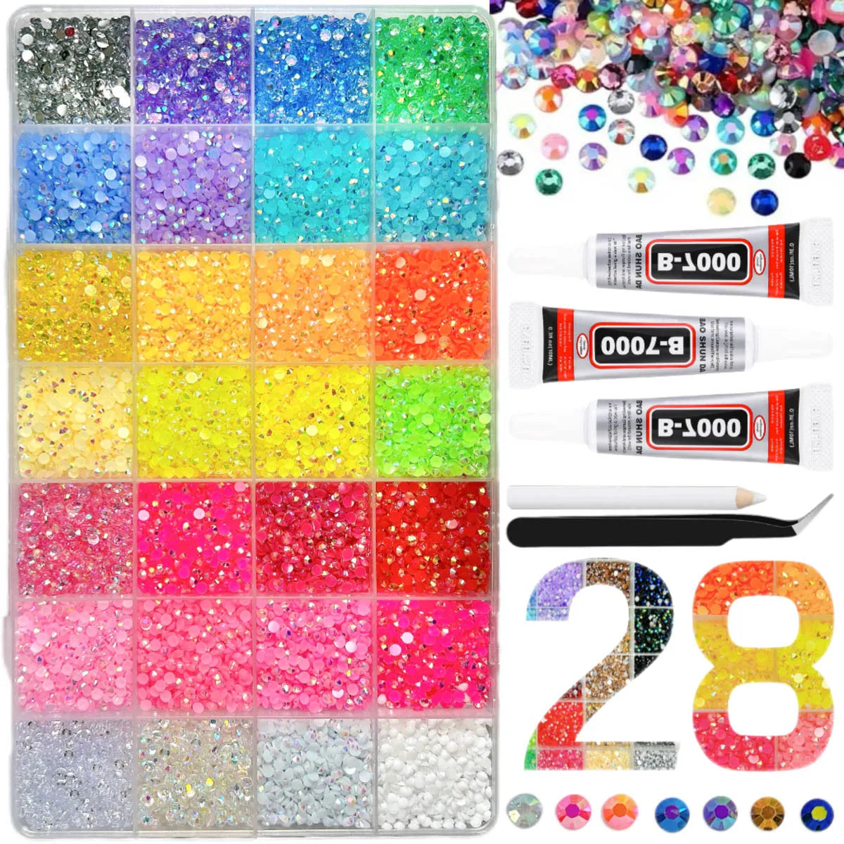 Shiny Flatback Rhinestones Kit with B 7000 Glue Tweezers Picker Pen Perfect for Nail Art,DIY Crafts,Tumbler Decor,Jewelry Pho