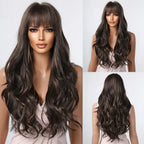 Long wavy synthetic wig with bangs, brown heat resistant, includes wig cap, 1pc
