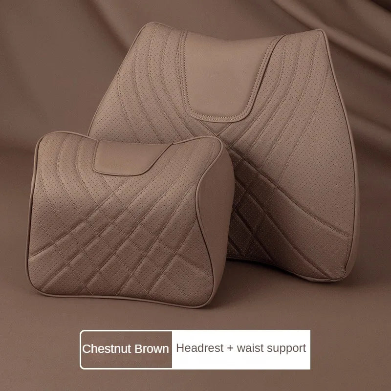 Car Headrest Neck Pillow & Lumbar Support Cushion Set, Leather Cover Memory Foam, Black