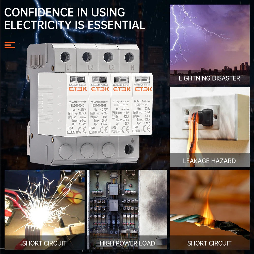 ETEC SPD AC House Surge Protective Device 275V Protector Arrester Protection Type T1+T2 2P 4P 20KA~40KA 1P+N 3P+N  EKU5