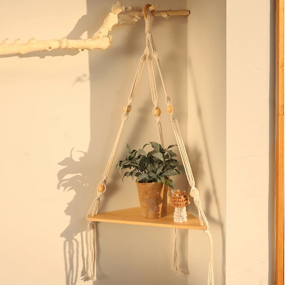 1/2/3-tier Floating Wall Shelf Wood Triangle Corner Display Stand Boho Home Decoration Living Room Bedroom Wall Hanging Decor