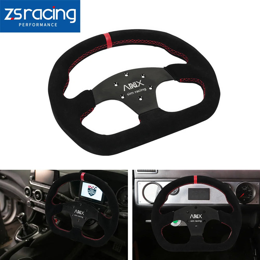 Universal 325mm/12.8inch Black Flat D Shape Suede Leather Steering Wheel 70mm-PCD For Most Vehicles & Sim Racing Game STW043
