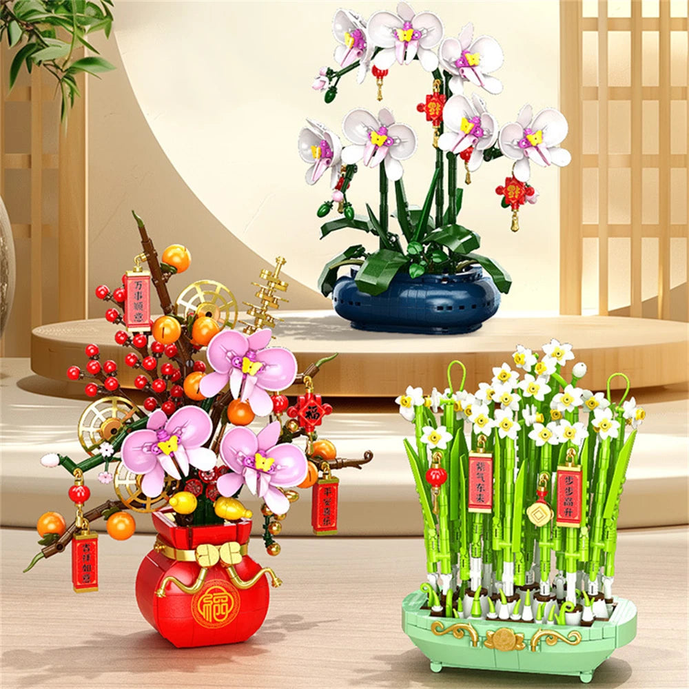 Flower Bouquet Plum Blossom Peach Blossom Narcissus Bonsai Potted Plant Building Blocks Model Home Decoration Toy For Kids Gift﻿