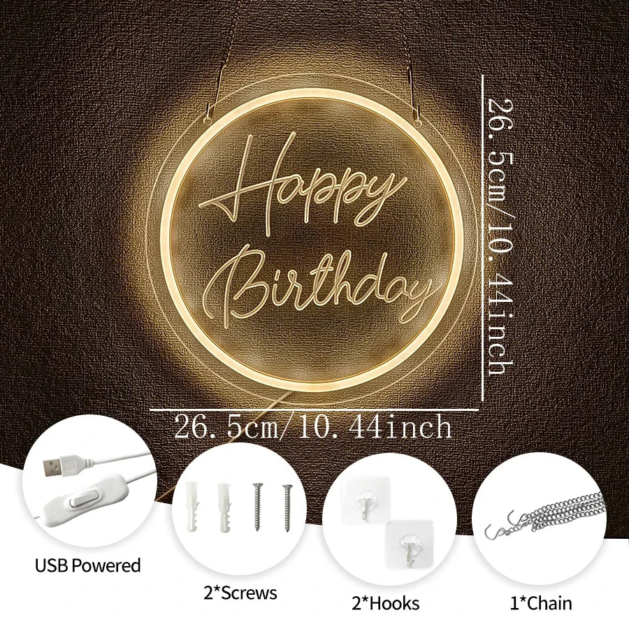 USB Powered LED Neon Sign with Switch, Ideal for All Ages Home Party Decor Happy Birthday Neon Sign for Wall Decor