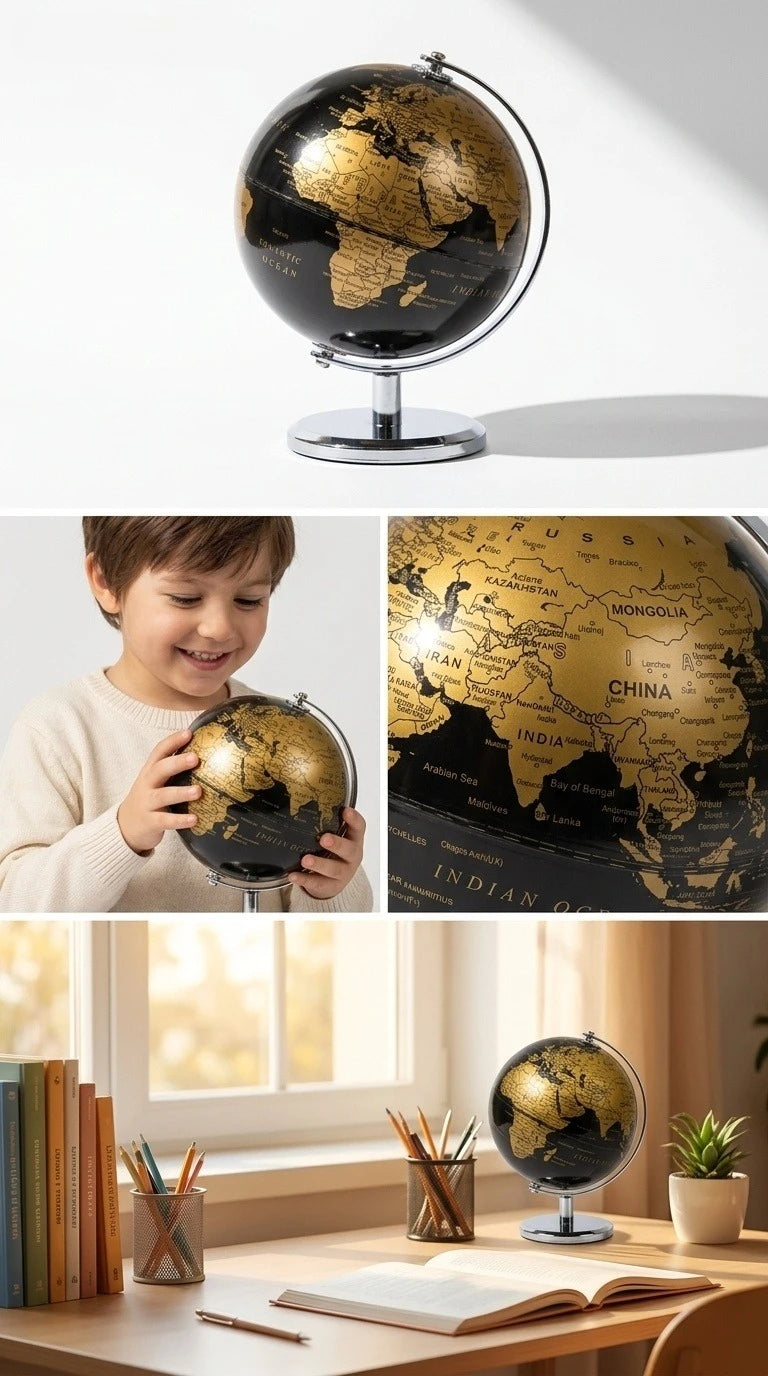 Small Black & Gold / Black & Silver Globe — An Educational World Globe Designed for Learning; An Ideal Desktop Accent for Home a