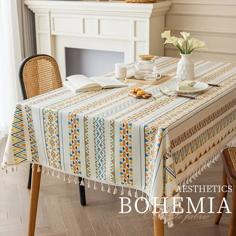 Waterproof and Oil Resistant Tablecloth Cotton and Linen Non Wash Fabric Ethnic Style Rectangular Tassel Homestay Tablecloth