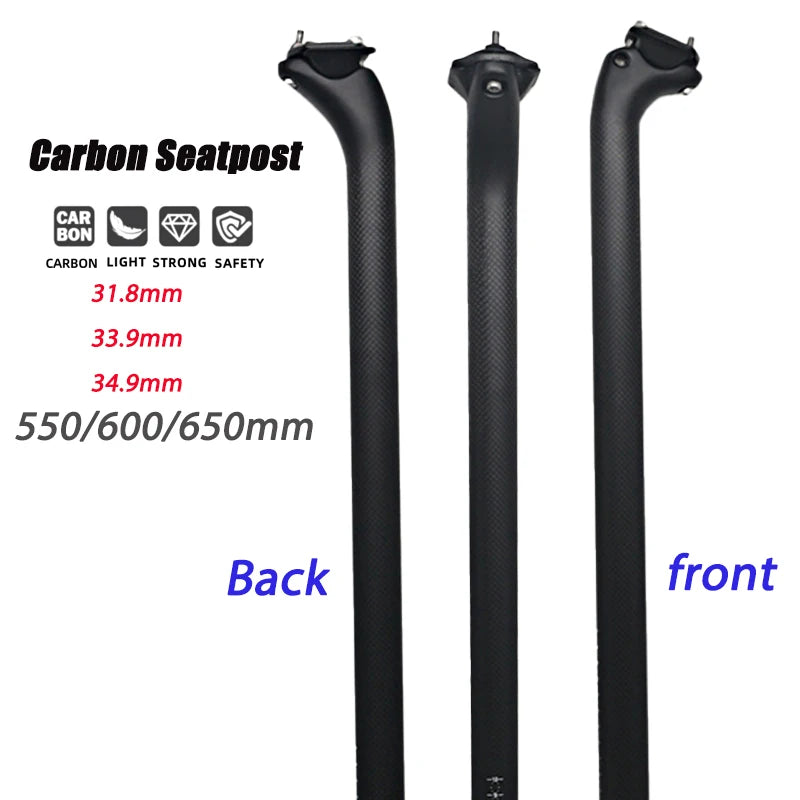 3K Carbon Bike Seatpost 31.8/33.9/34.9mm 550/600/650mm Matte, Front/Back