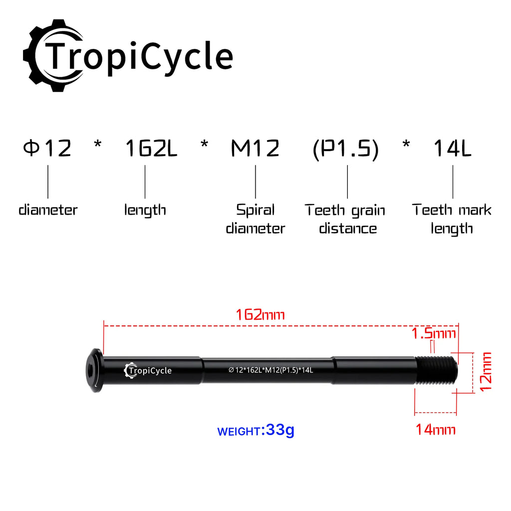 Tropicycle MTB Road Bike Thru Axle Front Fork Shaft Skewers M12x1.0 M12x1.5 12x142/162/174 12x100/110mm Aluminum alloy Bike Axle