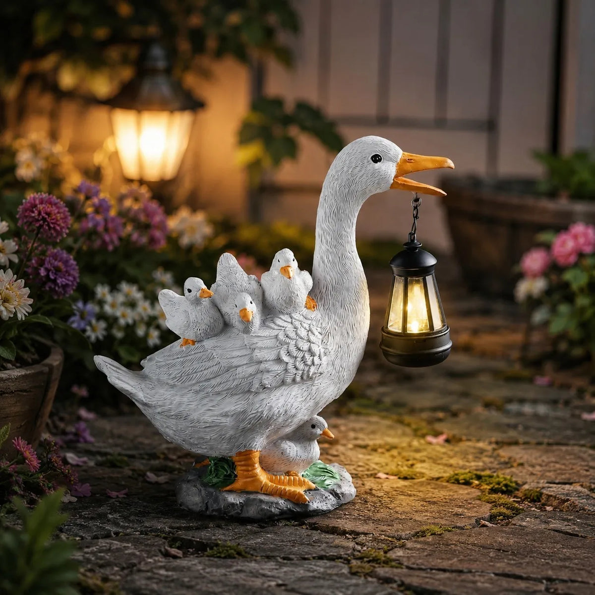 Solar Duck Garden Statue With Lantern, Resin Goose Family Figurine LED Light Waterproof Outdoor Home Decor For Patio, Lawn, Pond