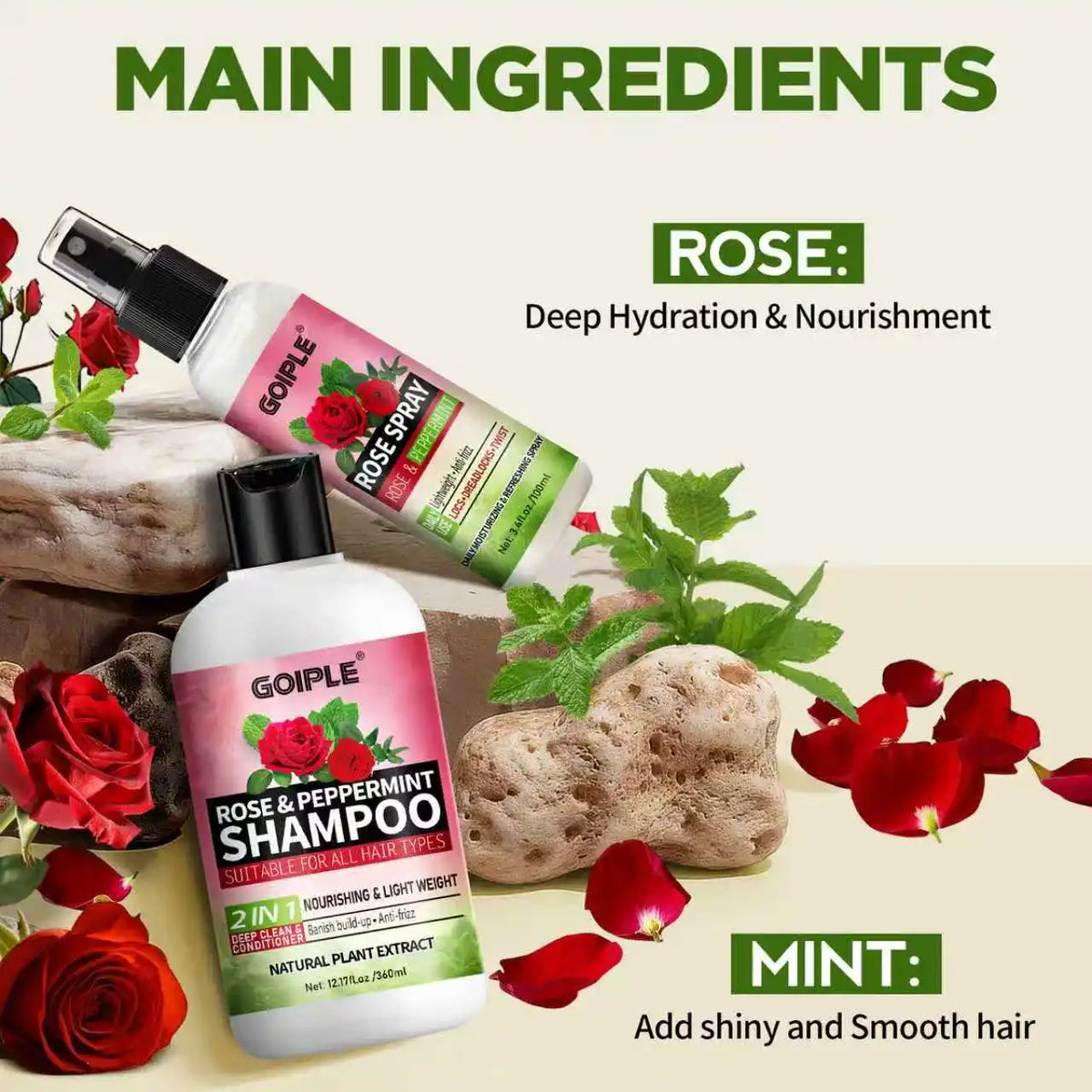 GOIPLE 2-in-1 Rose & Peppermint Shampoo + Rose Spray Set for Locs Dreadlocks Twists, 12.17oz + 3.4oz