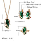 Kinel Green Zircon Jewelry Set 3pc Rose Gold Color Necklace Earrings Ring, Sizes 7-10