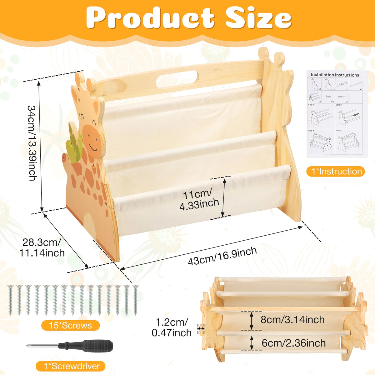 2-Tier Montessori Baby Bookshelf Double-Sided Wooden Book Rack Storage, 1pc