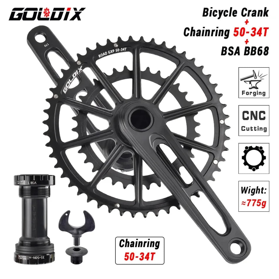 GOLDIX Ultralight Road Bike Crankset 50-34T/52-36T/53-39T for 3 Bolt Double Chainring 165/170/175mm Length Hollow Bicycle Crank