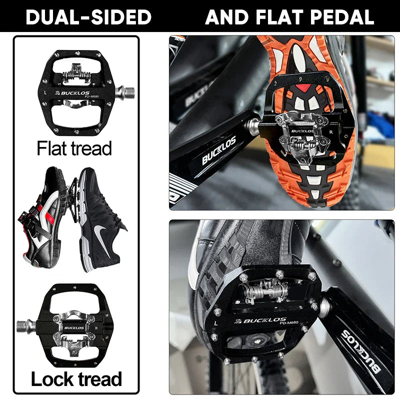 BUCKLOS Pedals MTB Bike Flat Pedal Platform Bearing Dual Function Fit SPD System Aluminum Alloy Mountain Bike Pedal Bicycle Part
