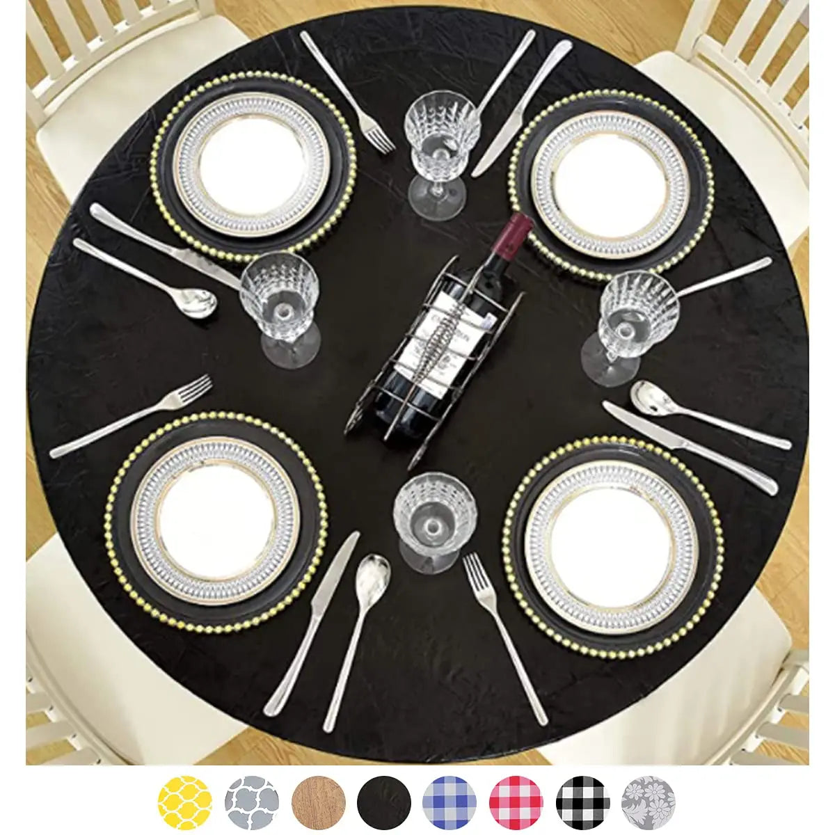 Fitted Round Plastic Vinyl Table Cloth Flannel Backing Elastic Edge Waterproof Table Protector for Dining Room Table Cover