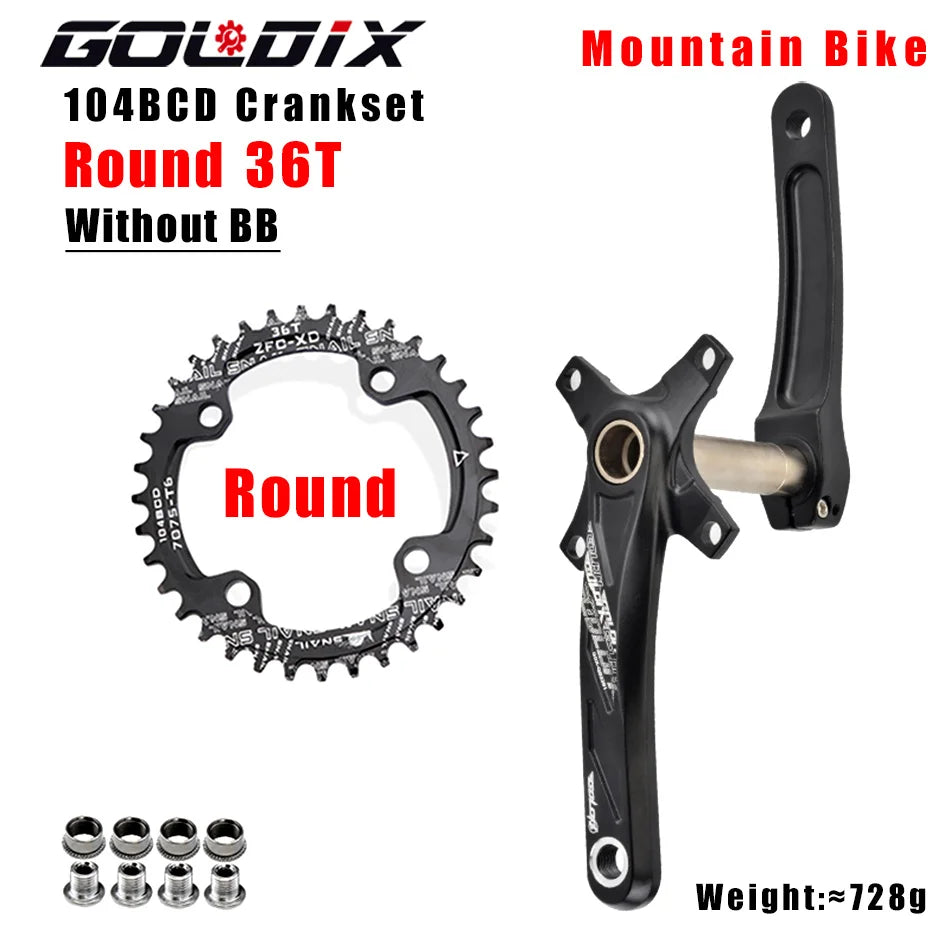 GOLDIX Bicycle Crank Chainring 104BCD MTB Bike Crank Aluminum Alloy with Bottom 170mm Crank Black 32T 34T 36T 38T Plate