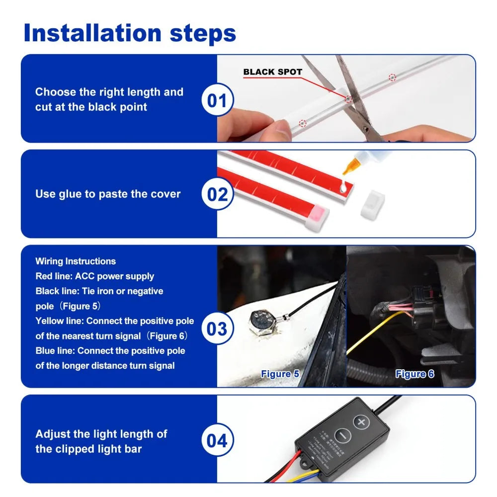 LED Car Daytime Running Light Strip - Red & Yellow Dual Color Plug And Play Start Scan Turn Signal 12V Universal Car Hood Light