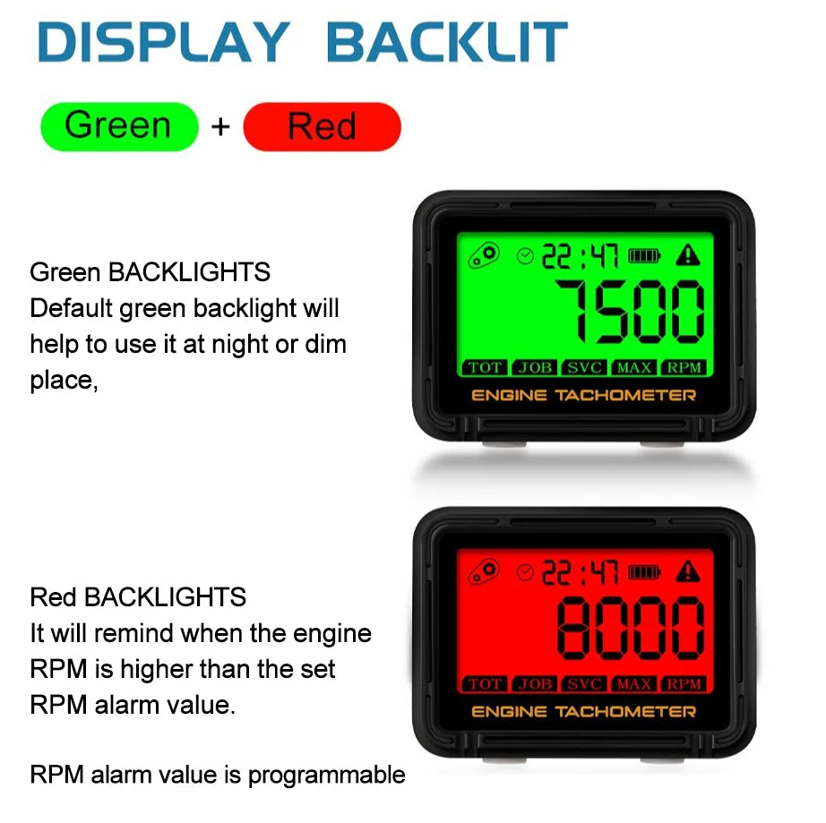 Tachometer Hour Meter Digital Motorcycle ATV Lawn Mower Engine Gauge LCD SVC Inductive Alert RPM Clock Backlight Waterproof