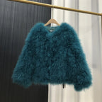 Ostrich Feather Coat for Women 100% Natural Fur Coats O Neck Long Sleeve Ladies Nightclub Turkey Jackets Winter Fashion