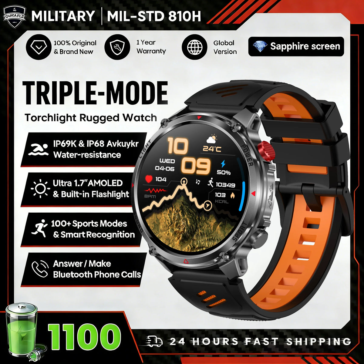 2026 New Fashion Luxury 1100mAh Battery 1.7-inch HD Screen Compass Wireless Call Flashlight 100+Sports Outdoor Sports smart