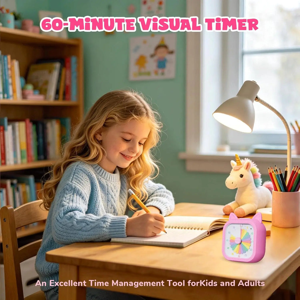 Kids Visual Timer 60 Minute Countdown Study Clock, Silent Mechanical Rainbow Disk, Pink/Green