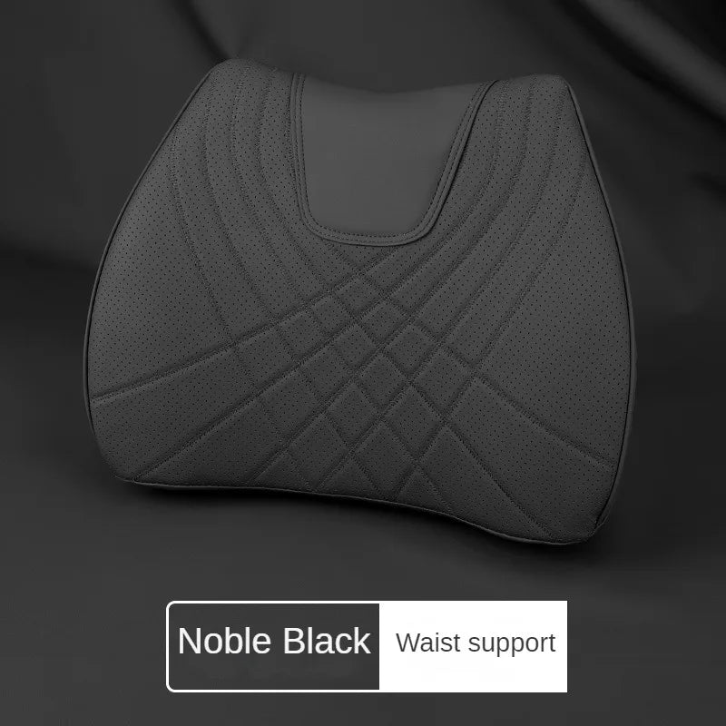 Car Headrest Neck Pillow & Lumbar Support Cushion Set, Leather Cover Memory Foam, Black