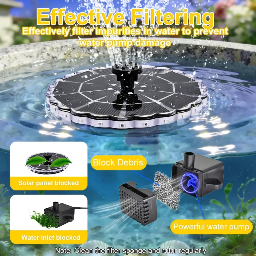 Solar powered floating fountain pump with RGB LED lights, white plastic, multi nozzle