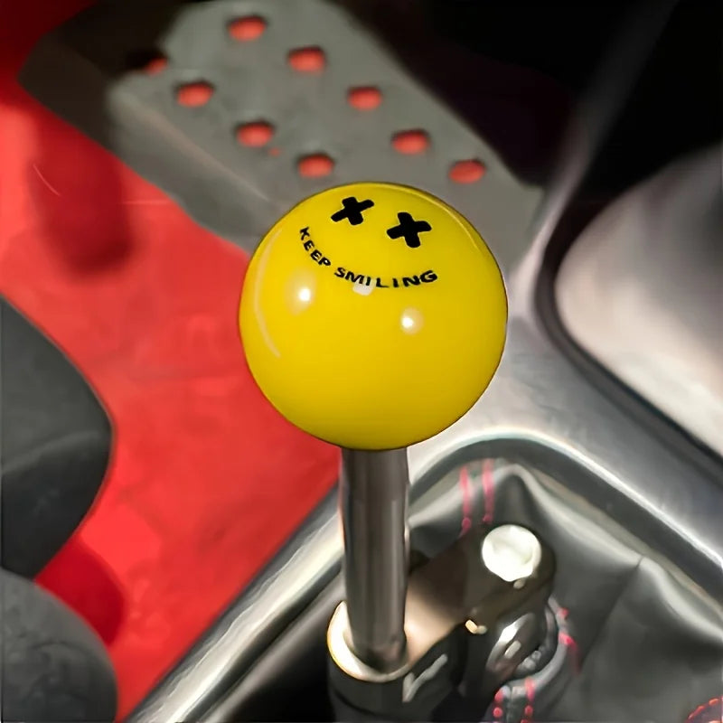 Keep Smiling Yellow & Black Gear Shift Knob - Manual Transmission Lever Head with joyful Face Design, JDM Style Car Interior