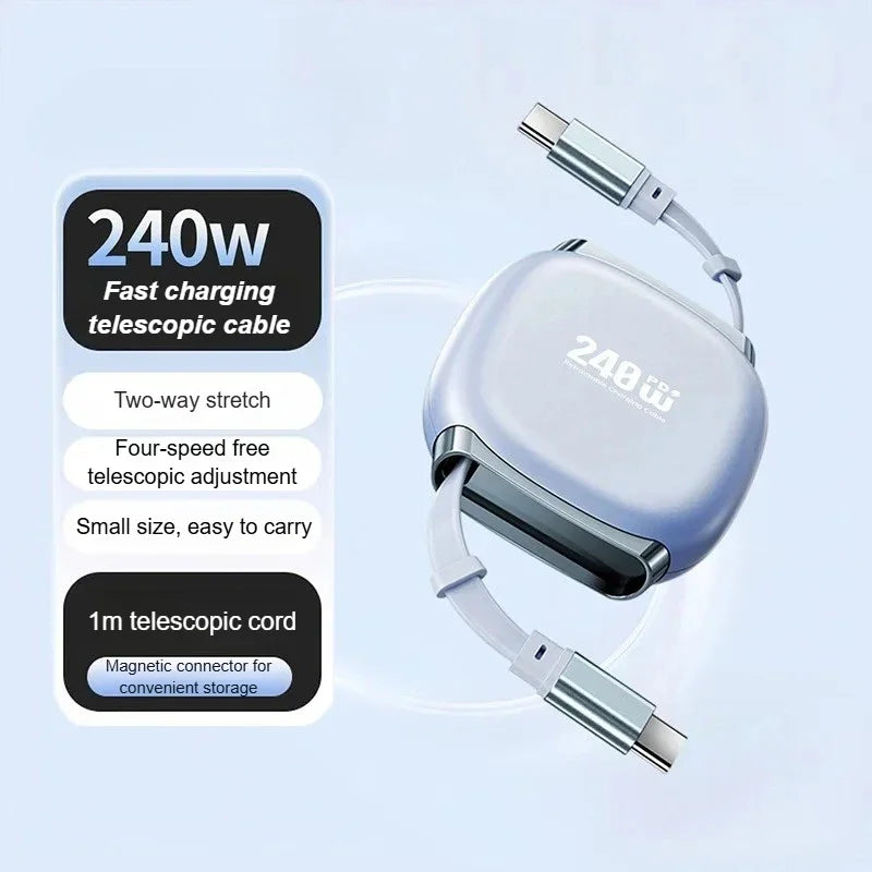 240W Retractable Fast Charging Cable USB C To C Auto Coiling for Travel Charging Phone Tablet Laptop for IPhone Samsung