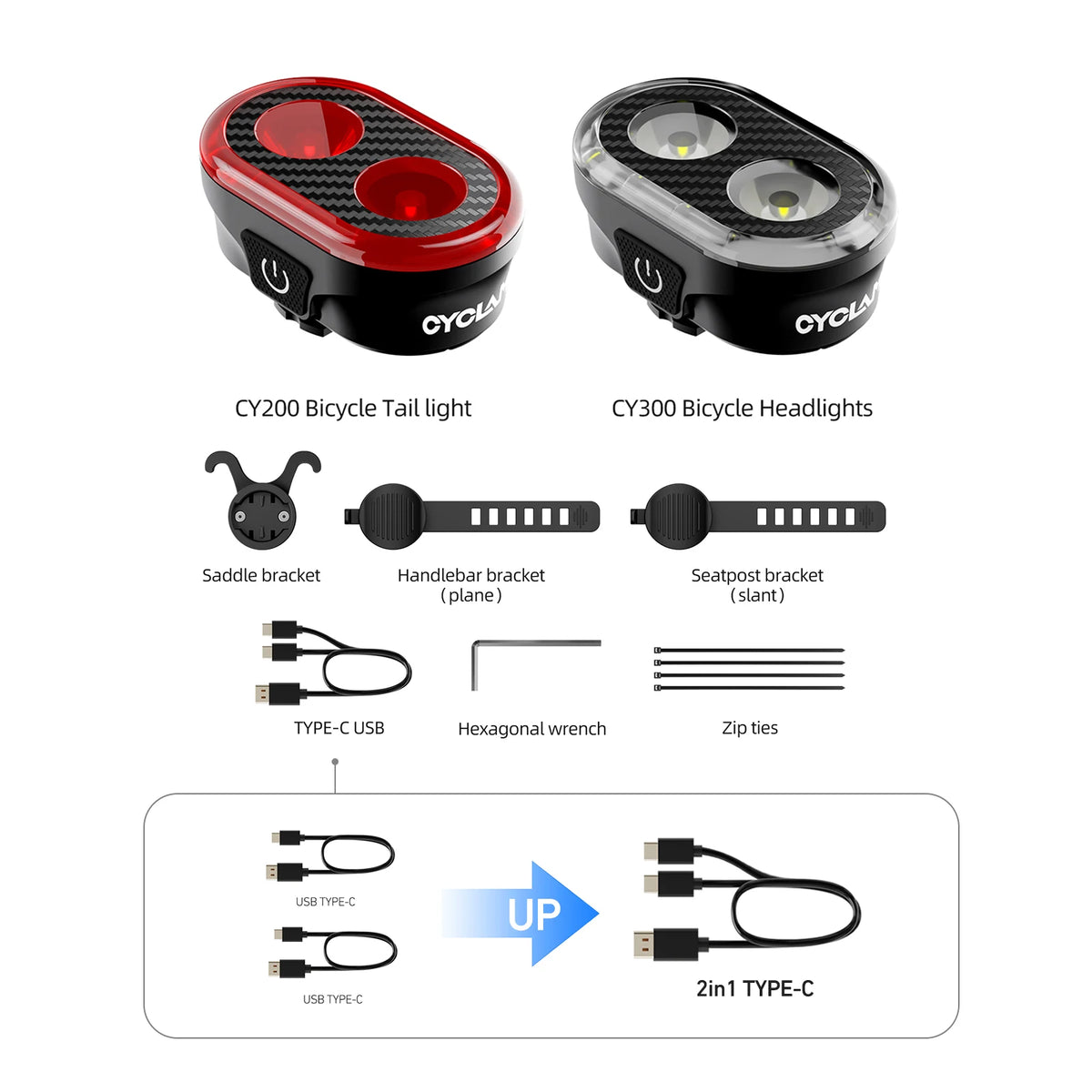 CYCLAMI CY300T Bicycle Smart Brake Sensing Front Rear Light Waterproof MTB Road Bike Lights Cycling Accessories
