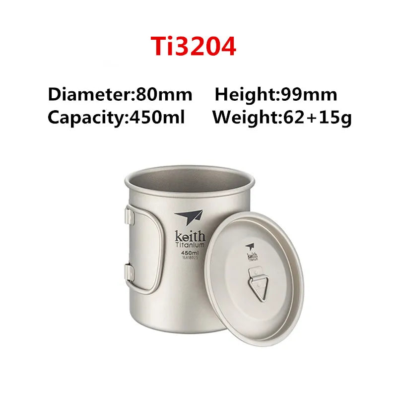 Keith Titanium Cup Titanium Water Mugs Folding Handle Single Wall Cup Outdoor Camping Travel Hiking Cups With Lid 220ml-900ml