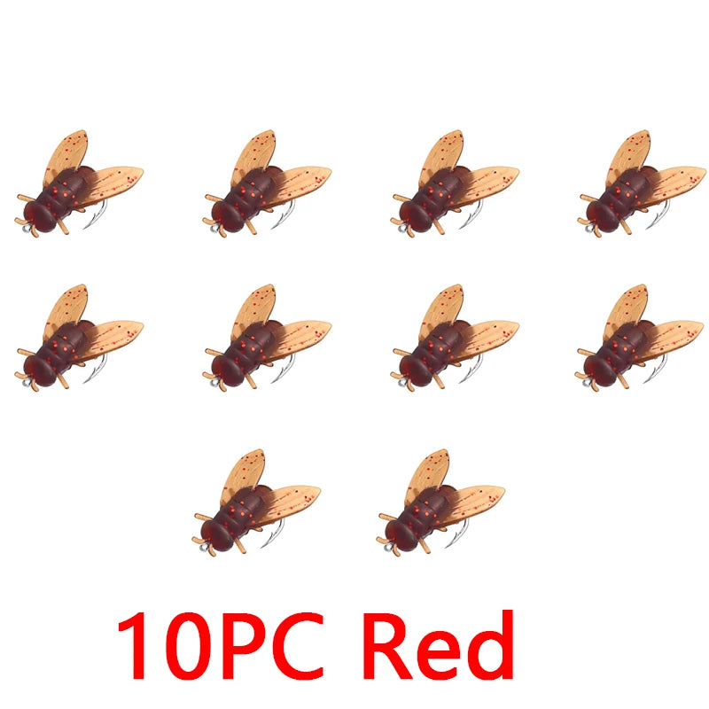 10PCS 10/20mm PVC Fly Fishing Flies Soft Rubber Fly Fishing Lures Lifelike Flies Insects Lures Barbed Hooks Fishing Accessories