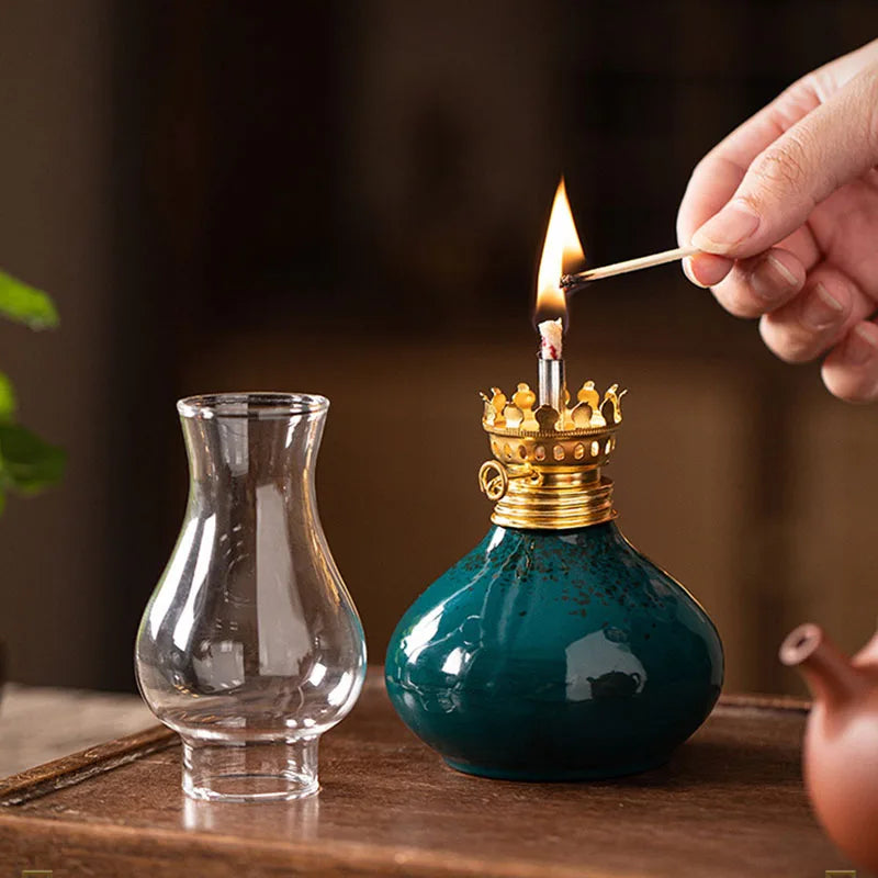 Traditional Ceramic Butter Oil Lamp - Aromatic Incense Burner and Ambient Night Light for Home Zen Decor