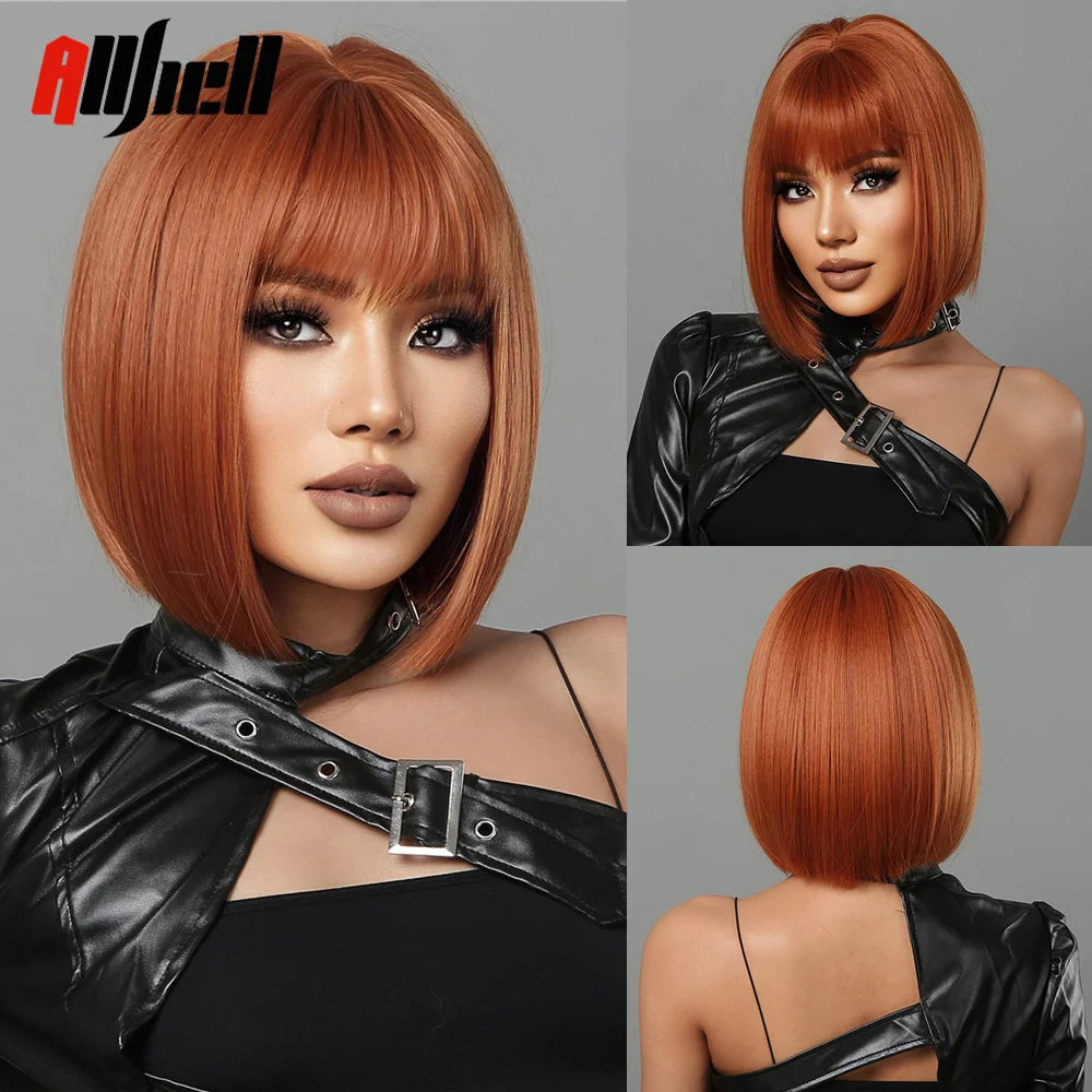Short Copper Ginger Synthetic Natural Wavy Wigs Hair Orange Halloween Bob Wig with Bangs Heat Resistant for Women Cosplay Wig
