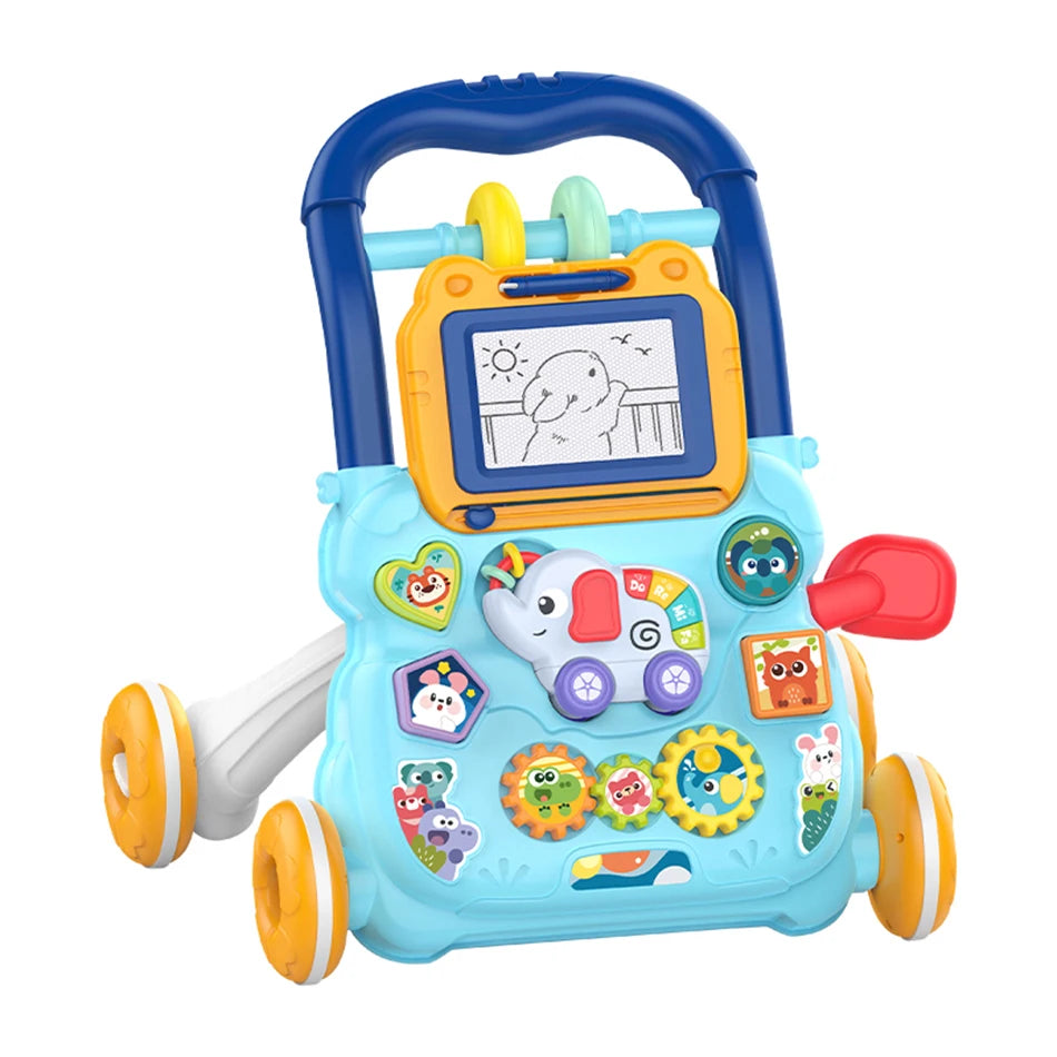 Baby Cartoon Push Walker Toys with Music Drawing Board Multifunction Activity Learning Walk Toddler Walker for 12M+ Infants