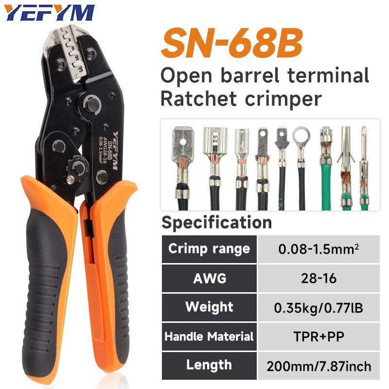 SN-68B Crimps Plug JST ,TE,XH,SM,VH,PH,Molex Terminals Ratchet Crimper Pliers For 0.08-1.5mm²(28-16 AWG) Wires Tool