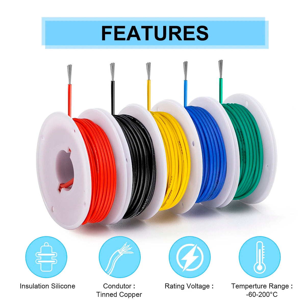 5 Colors 16/18/20/22/24/26/28/30 AWG Stranded Electrical Wire Flexible Silicone Tinned Copper Wires 18 Gauge Hookup Wire Cable
