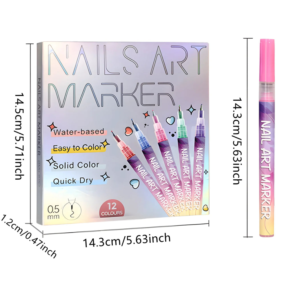 12 Color Nail Art Pens,0.5MM Nail Polish Pens Drawing Painting Point Liner Acrylic Painted Pen Kit, Waterproof and Quick-drying