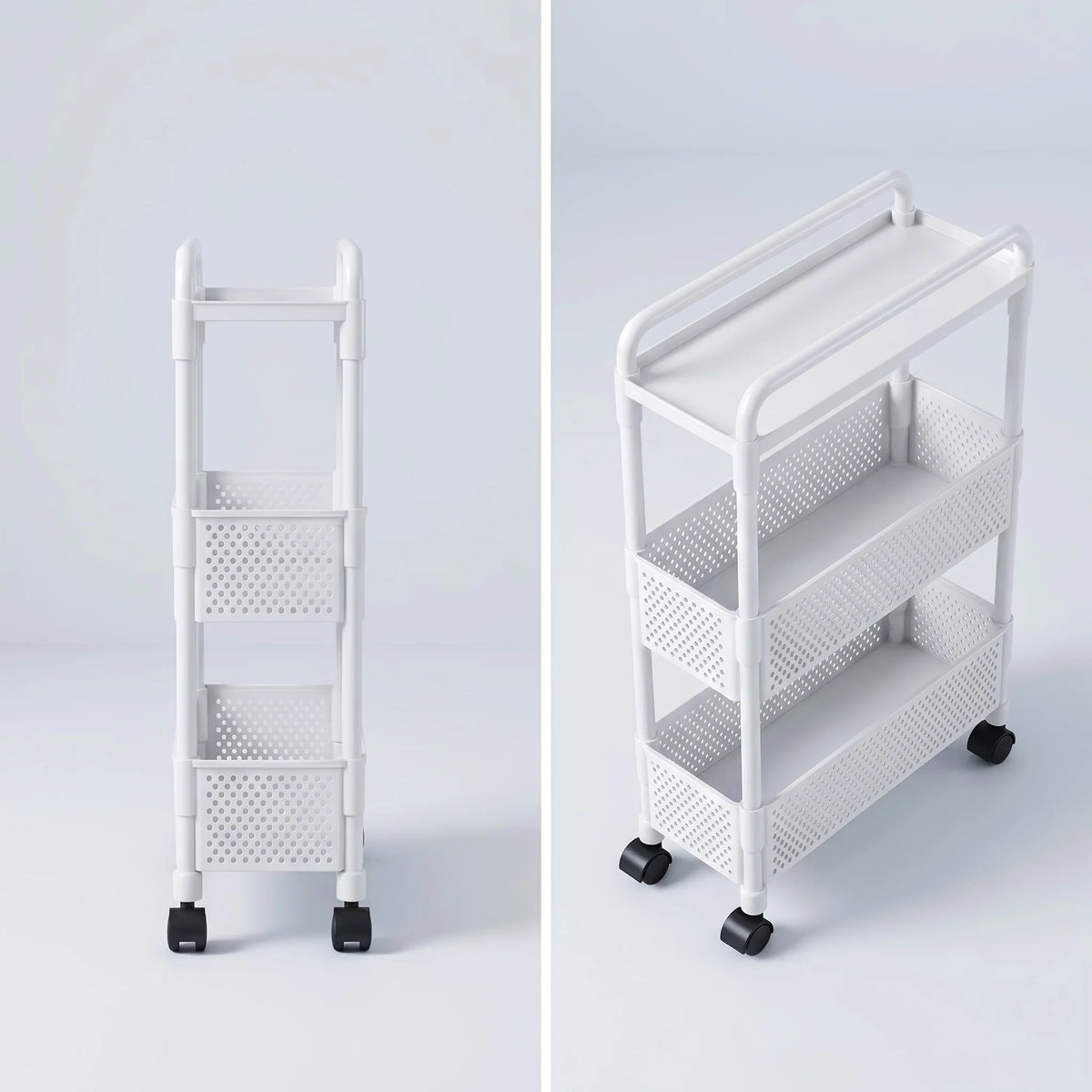 5.12in Narrow Rolling Storage Cart, 3-Tier Plastic Organizer Rack, White