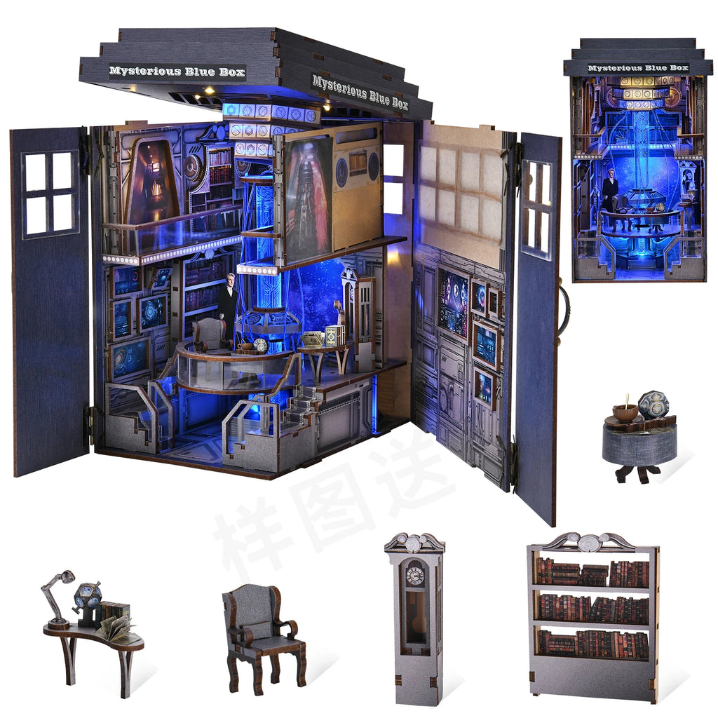 DIY Book Nook Bookshop Kit Mysterious Telephone Booth Wooden Dollhouse with Light Bookshelf Insert 3D Puzzle Decor for Gift
