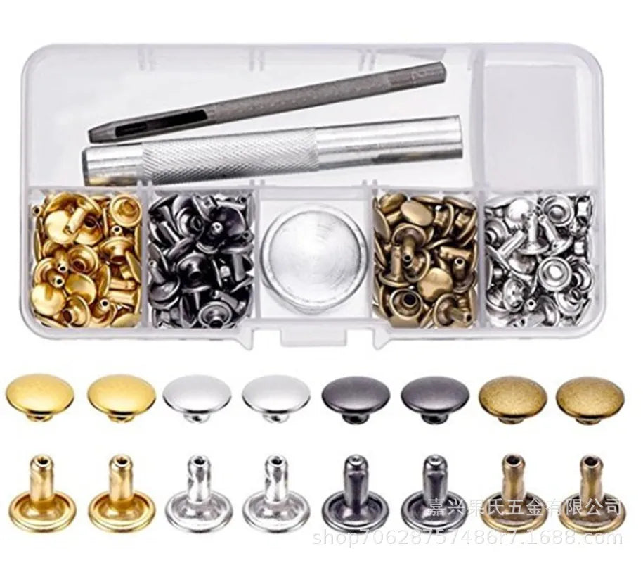 Metal Double Cap Rivets Stud Round Spike Nail With Tool Kits For Shoes Bag Belt Leathercraft Repair Clothing Garment Accessories
