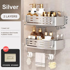 1-2PCS Bathroom Corner Shelf with Plastic Hook Towel Bar No Drill Space Aluminum Shower Storage Rack Bathroom Organizer