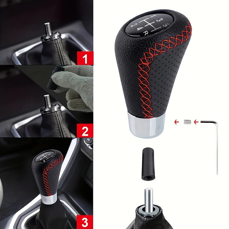 Universal 5-Speed Manual Leather Gear Shift Knob Red Stitch, M8 M10 M12 Adapters